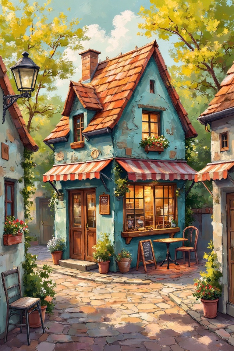 A retro cartoon-style illustration of a small building cafe in a quaint town,  rendered with Moreparsley art style and bru...