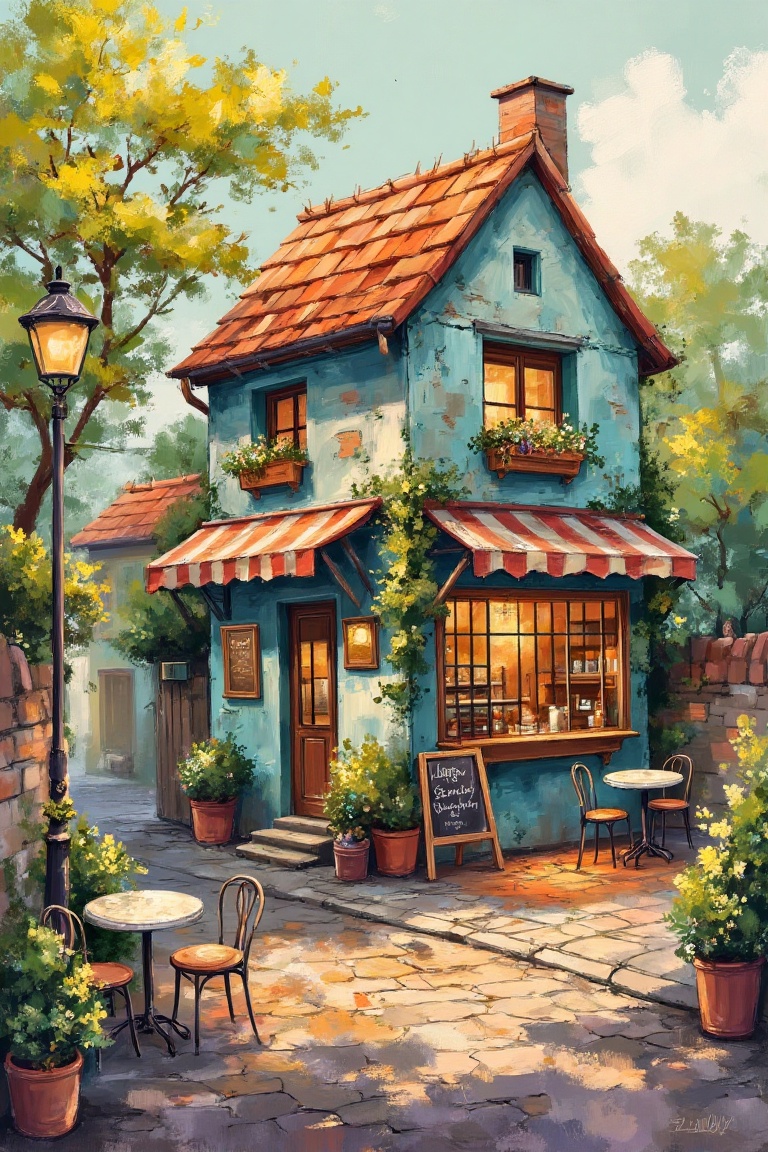 A retro cartoon-style illustration of a small building cafe in a quaint town,  rendered with Moreparsley art style and bru...