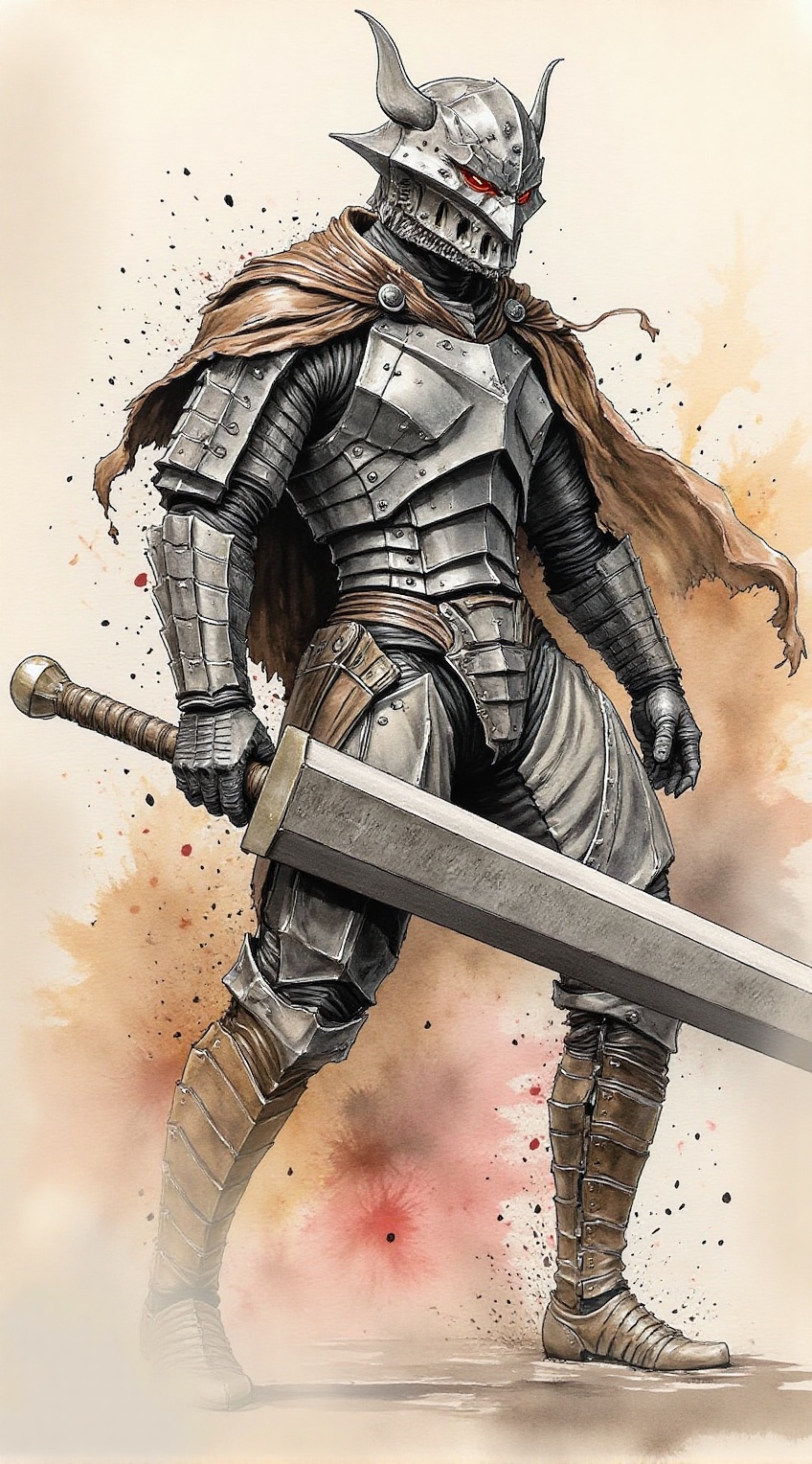 Close-up of a lone berserker warrior,  heavily inspired by Guts from Berserk,  beast-like helmet on Tensor.Art
