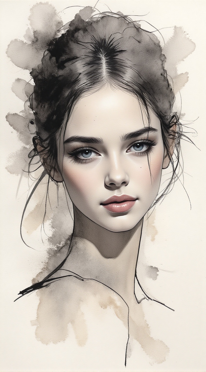 Portrait of a woman,  charcoal \(medium\),  ink and watercolor art style on Tensor.Art