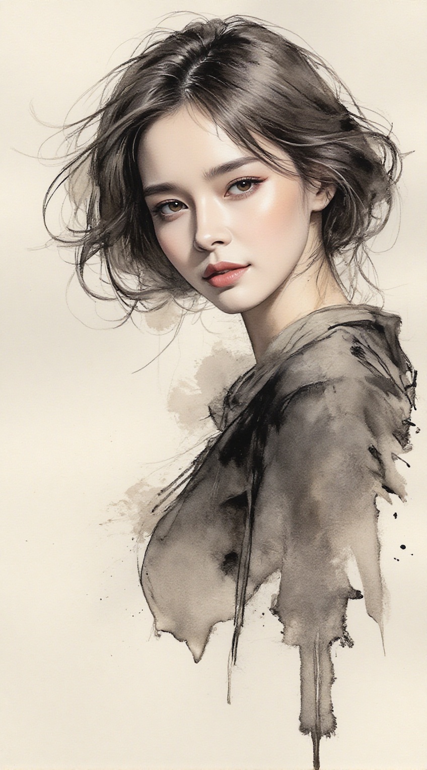Portrait of a woman,  charcoal \(medium\),  ink and watercolor art style on Tensor.Art