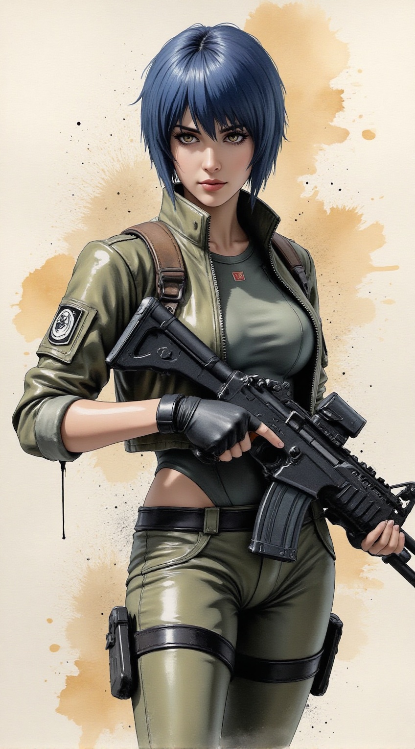 Close-up portrait of Kusanagi Mokoto wearing her tactical suit holding a rifle,  pencil sketch base,  ink and watercolor a...