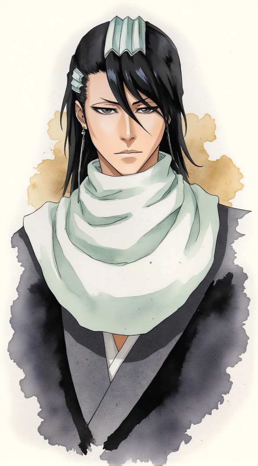 Portrait of Kuchiki Byakuya from Bleach: His piercing eyes,  framed by silver kenseikan hairpieces,  exude a calm yet auth...