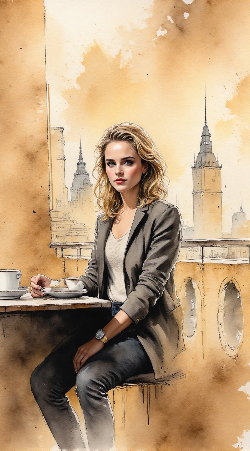 Emma Watson,  skyview café,  ink art style on Tensor.Art