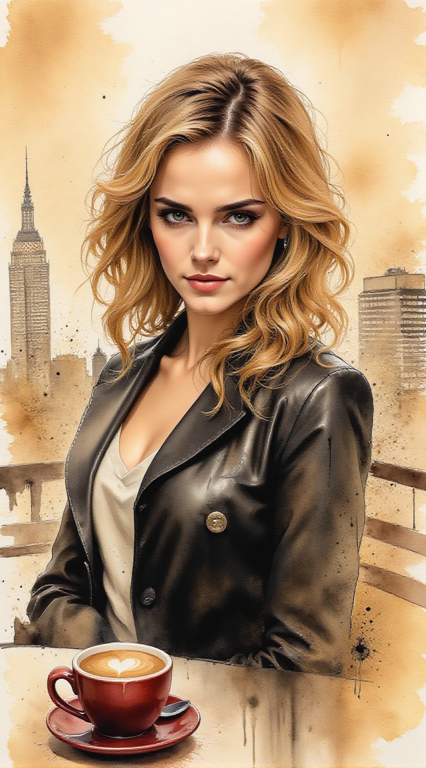 Portrait of Emma Watson,  skyview café,  ink art style on Tensor.Art
