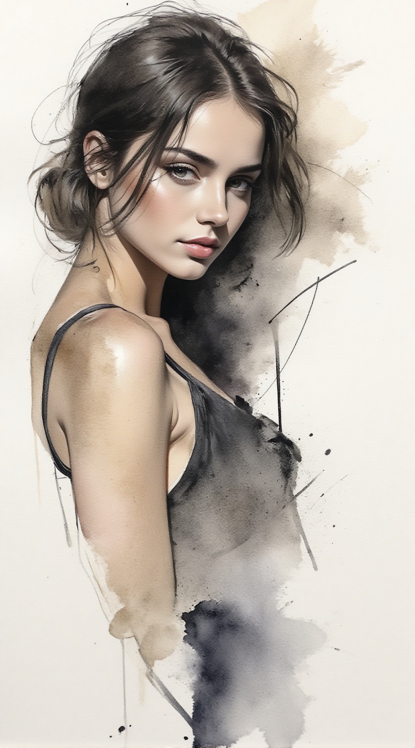 Portrait of a woman,  charcoal \(medium\),  ink and watercolor art style on Tensor.Art