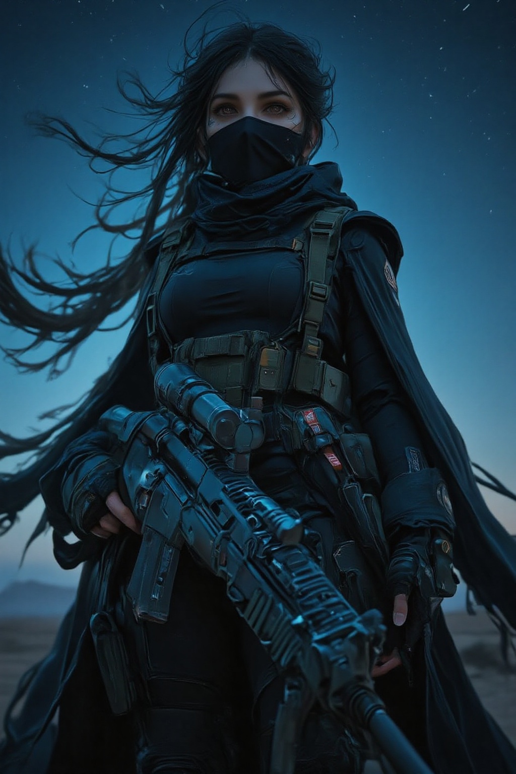 A 38 year old special forces elite woman,  rugged clothing suitable for the rigors of war,  complemented by a long cloak t...