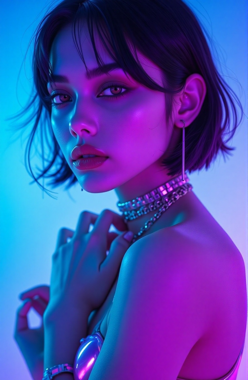 a woman wearing a shiny top and a choke,  ross tran 8 k,  glowing magical shiny skin on Tensor.Art