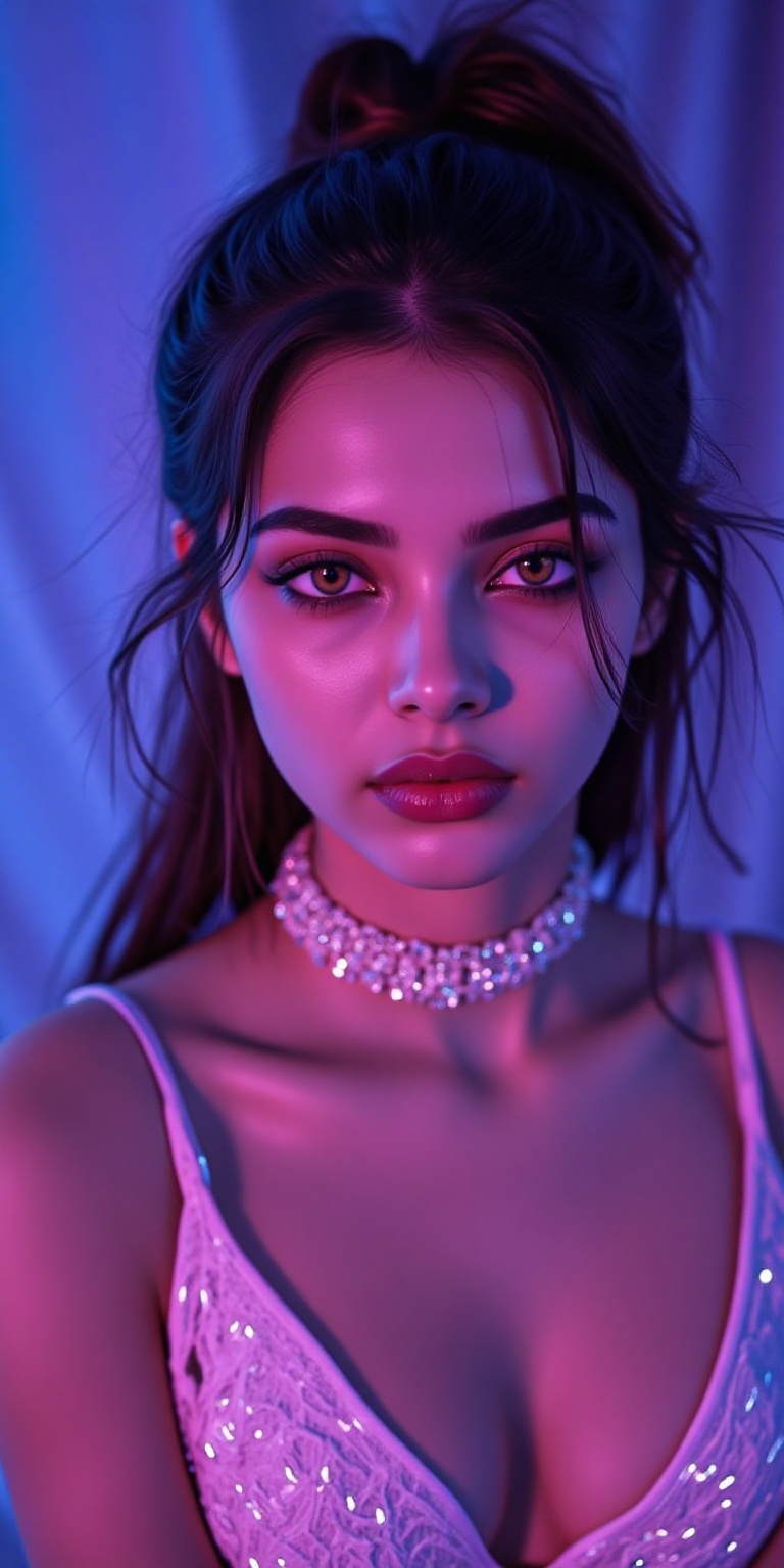 a woman wearing a shiny top and a choke,  ross tran 8 k,  glowing magical shiny skin on Tensor.Art