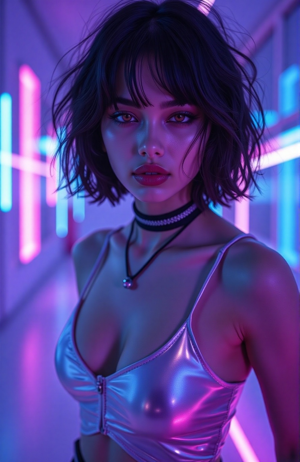 a woman wearing a shiny top and a choke,  ross tran 8 k,  glowing magical shiny skin on Tensor.Art
