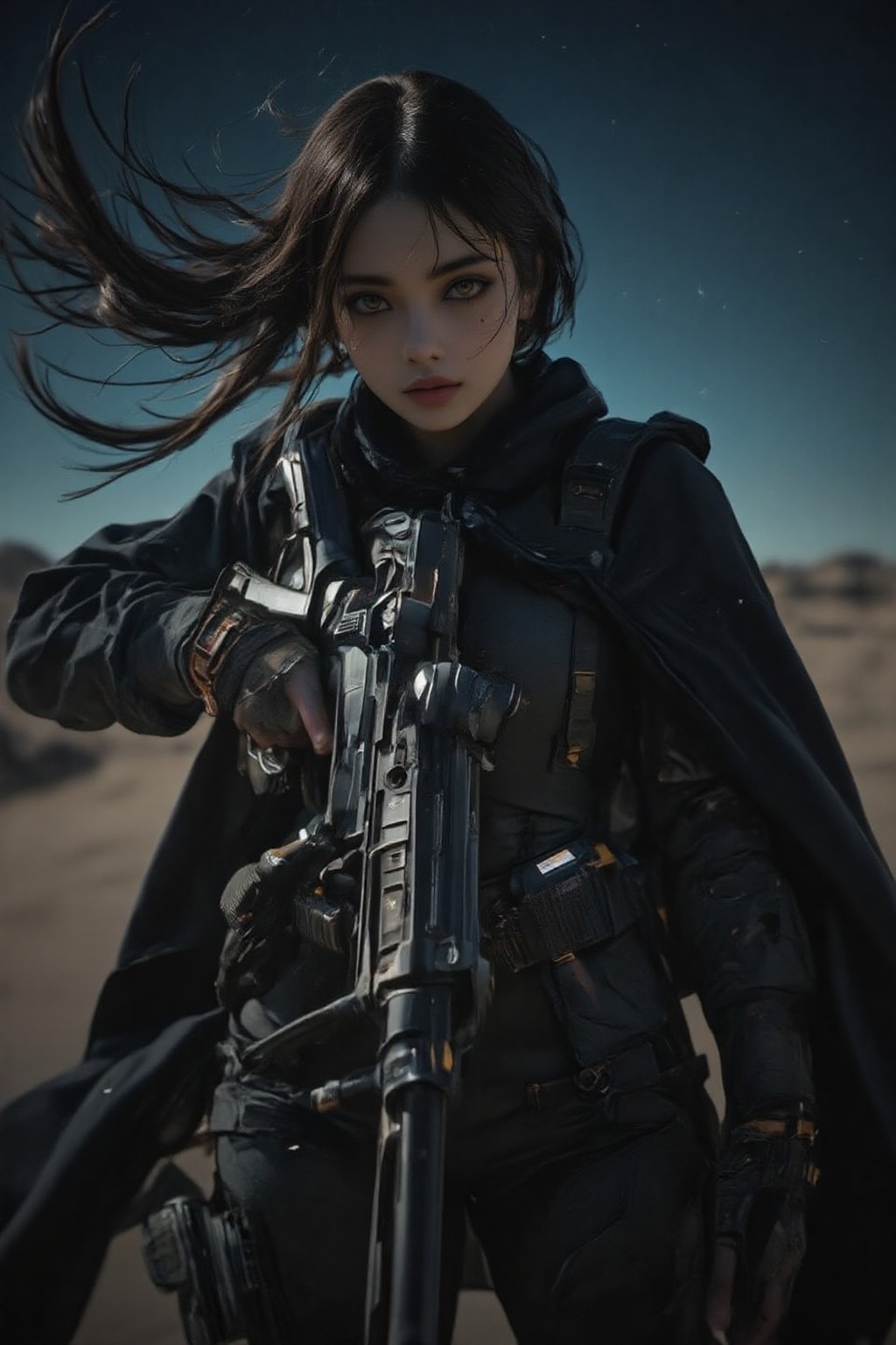 A 38 year old special forces elite woman,  rugged clothing suitable for the rigors of war,  complemented by a long cloak t...