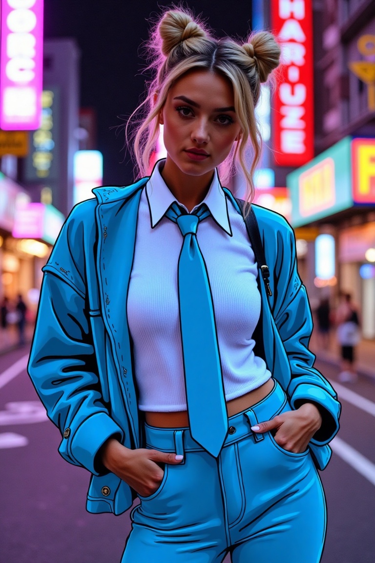 A Mix Media Neon Illustration of a woman with buns hair,  wearing casual attire including a neck tie,  glowing in vibrant...