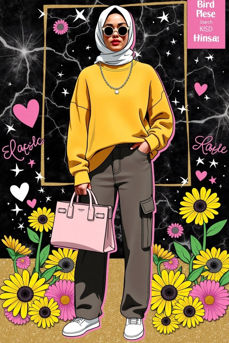 A Surreal Pop-art Digital Illustration of a Malay woman wearing a plain hijab,  baggy sweater,  and cargo pants on Tensor.Art