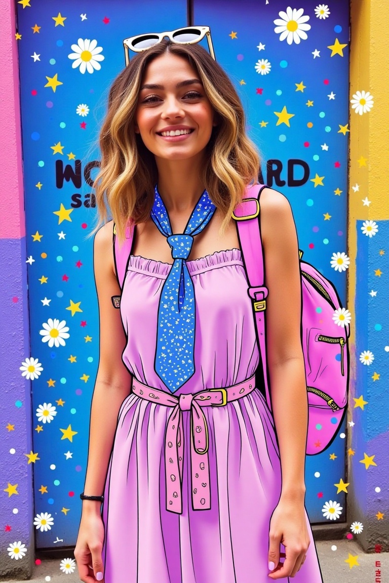A Surreal Pop-art Digital Illustration featuring a cute woman with wavy hair,  wearing a dress,  neck tie on Tensor.Art