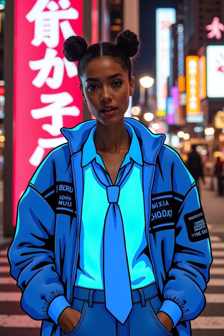A Mix Media Neon Illustration of a woman with buns hair,  wearing casual attire including a neck tie,  glowing in vibrant...