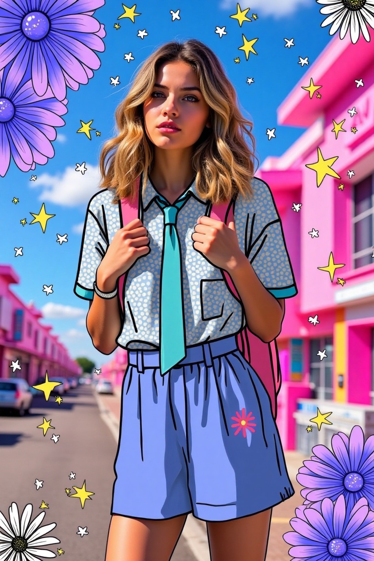 A Surreal Pop-art Digital Illustration featuring a cute woman with wavy hair,  wearing a dress,  neck tie on Tensor.Art