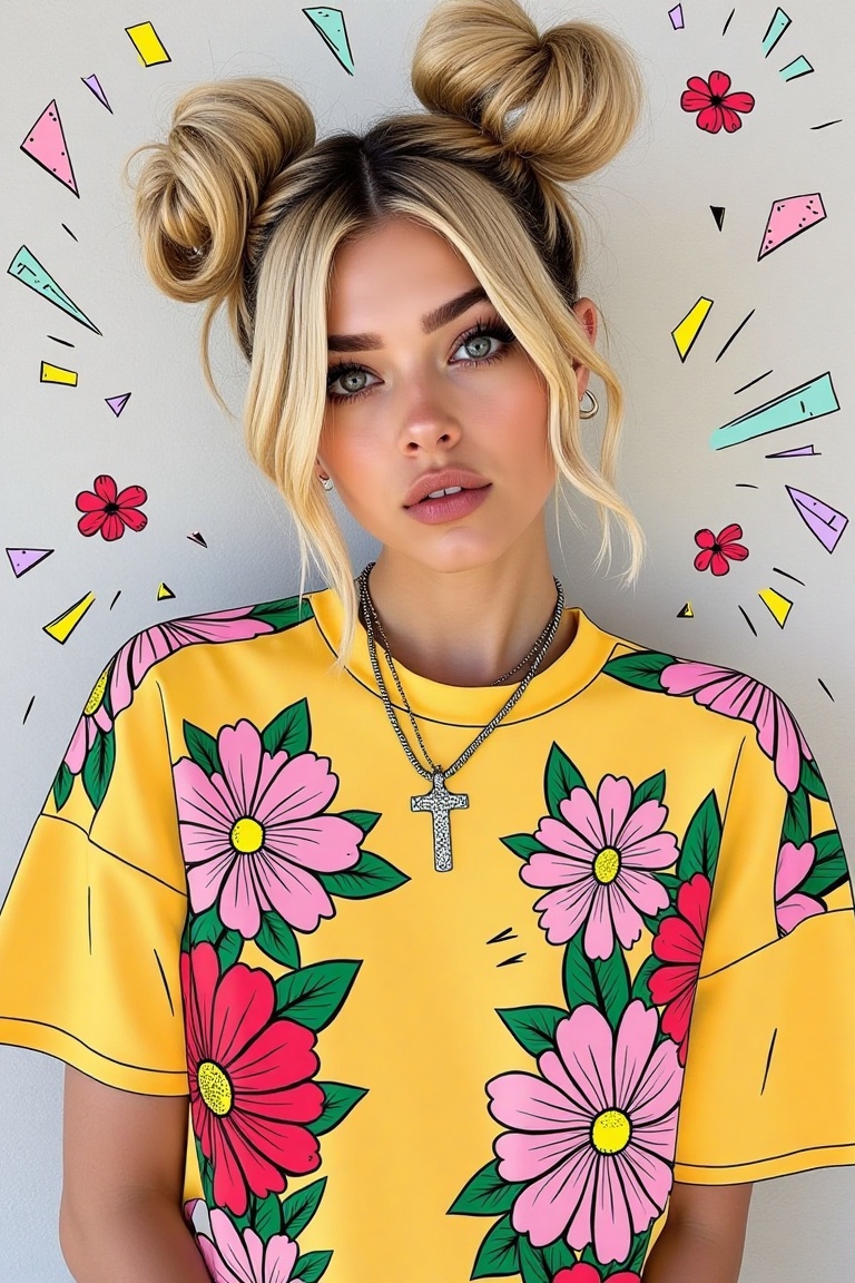 A Surreal Pop-art Digital Illustration featuring a medium shot of a woman with blonde buns hair,  wearing a baggy shirt ad...