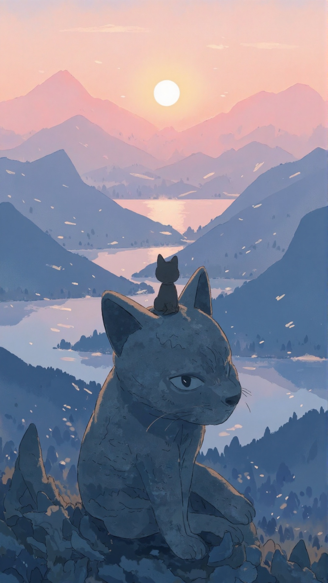 A breathtaking cinematic illustration of a small,  live black cat sitting atop the head of a massive stone cat statue,  ga...