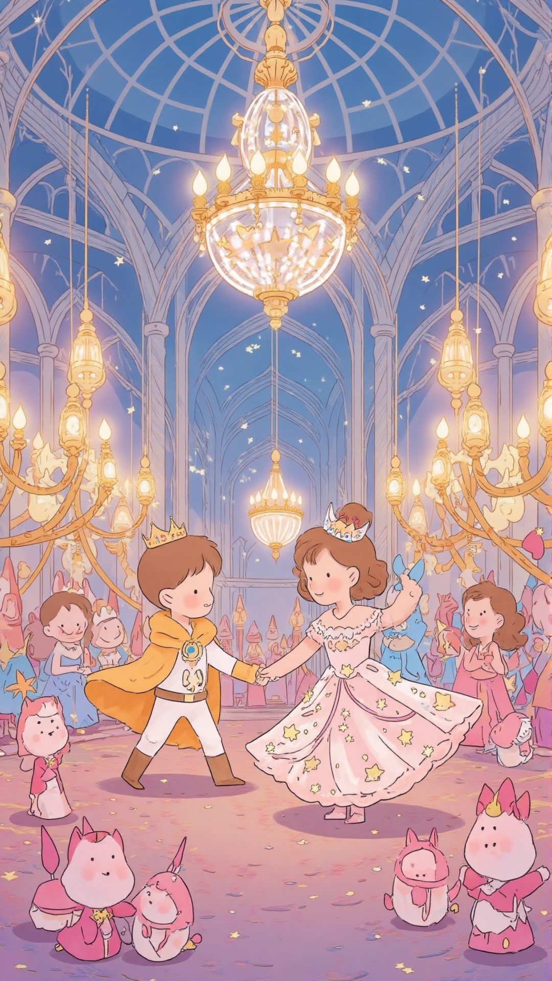 A magical children's book illustration of a grand ballroom filled with young princes and princesses in stunning fairytale-...