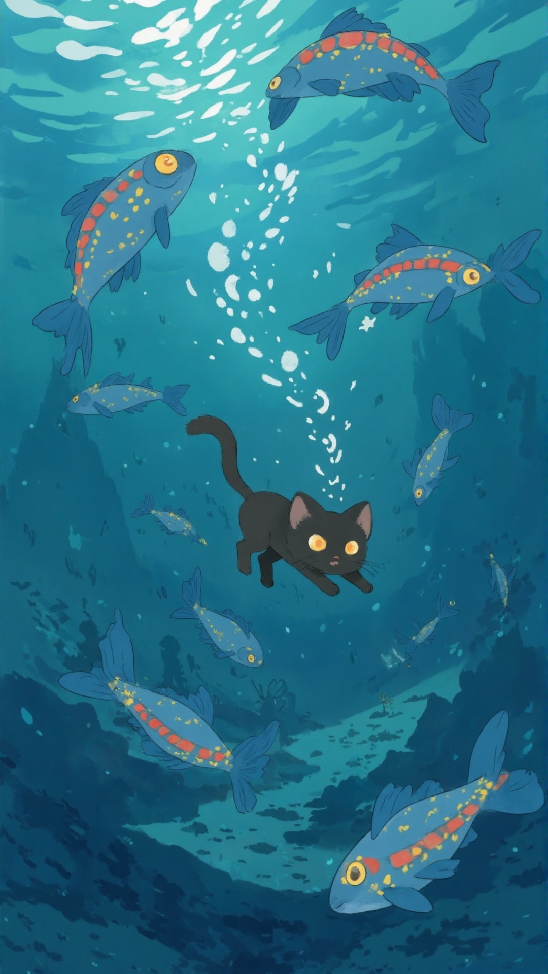 A beautifully animated black cat with large golden eyes floats gracefully underwater,  surrounded by a mesmerizing school...