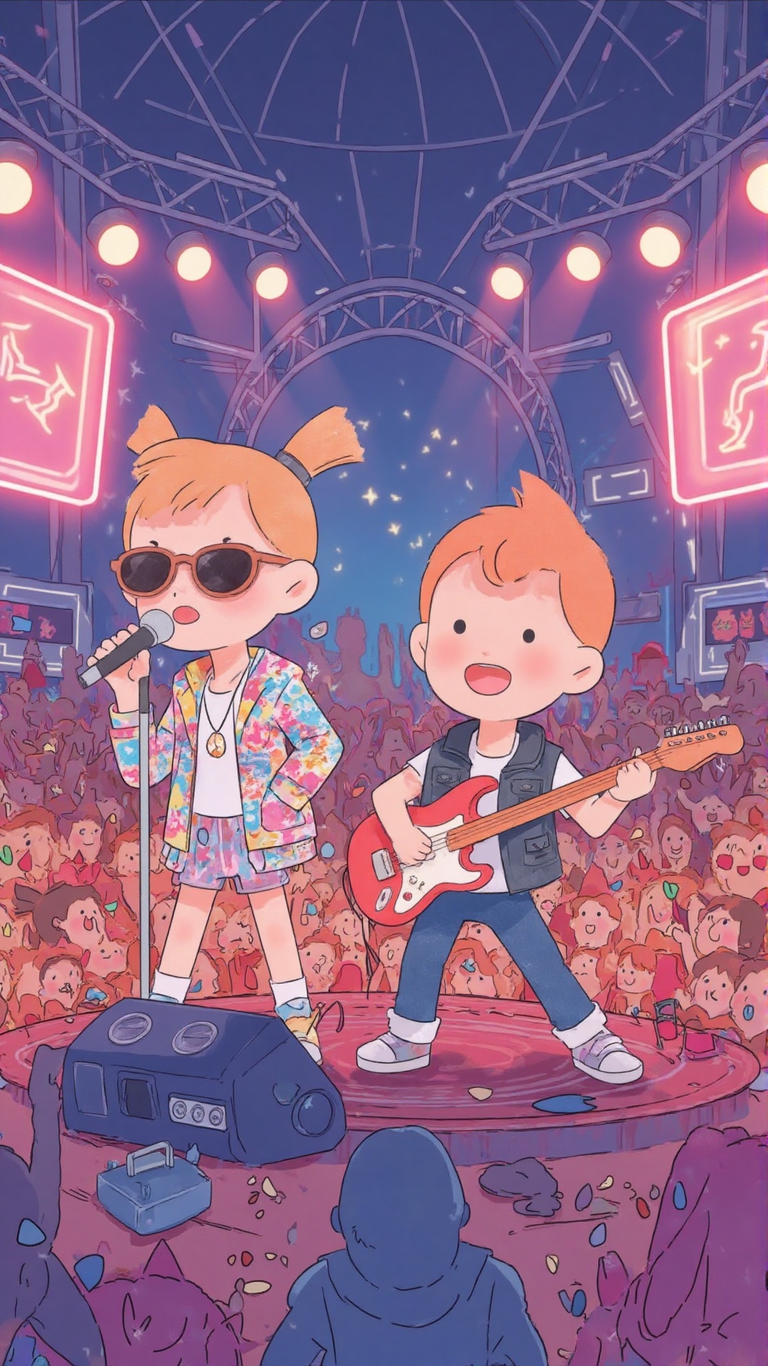A high-energy children's book illustration of a group of kids performing on a big stage,  dressed in colorful rockstar out...