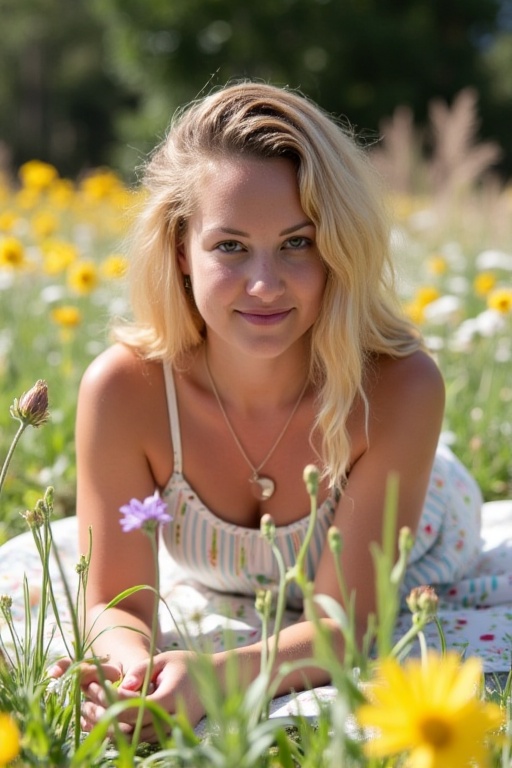 In a sun-drenched meadow,  Emily lies on her stomach,  propped up on her elbows to photograph wildflowers. Her cotton sund...