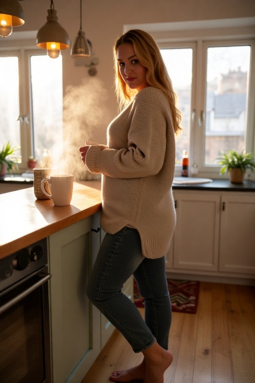 Emily stands in a cozy kitchen at dawn,  capturing steam rising from a mug of coffee. Her oversized knit sweater falls asy...