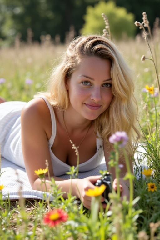In a sun-drenched meadow,  Emily lies on her stomach,  propped up on her elbows to photograph wildflowers. Her cotton sund...