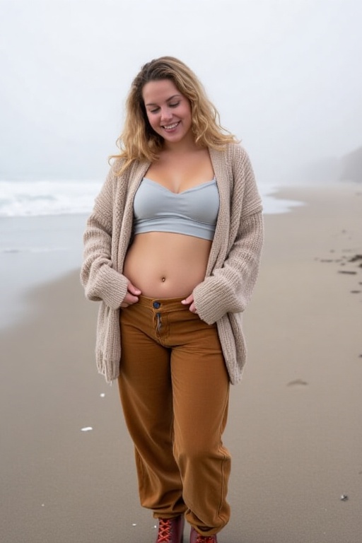Emily pauses mid-shot on a foggy beach,  her camera lowered as she laughs at a joke from a friend. Her chunky knit cardiga...