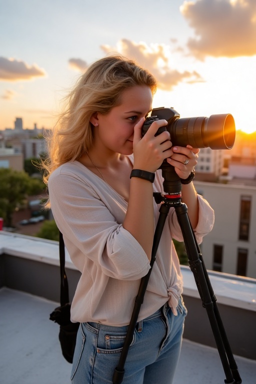 Emily,  22,  stands on a sunlit urban rooftop at golden hour on Tensor.Art