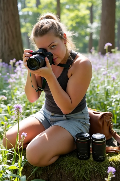 In a lush forest clearing,  Emily kneels on a mossy log,  her blonde waves tied back loosely. She snaps photos of dew-cove...