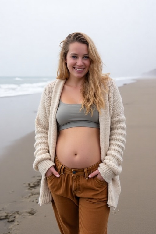 Emily pauses mid-shot on a foggy beach,  her camera lowered as she laughs at a joke from a friend. Her chunky knit cardiga...