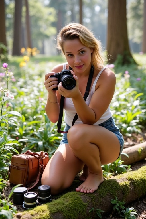 In a lush forest clearing,  Emily kneels on a mossy log,  her blonde waves tied back loosely. She snaps photos of dew-cove...