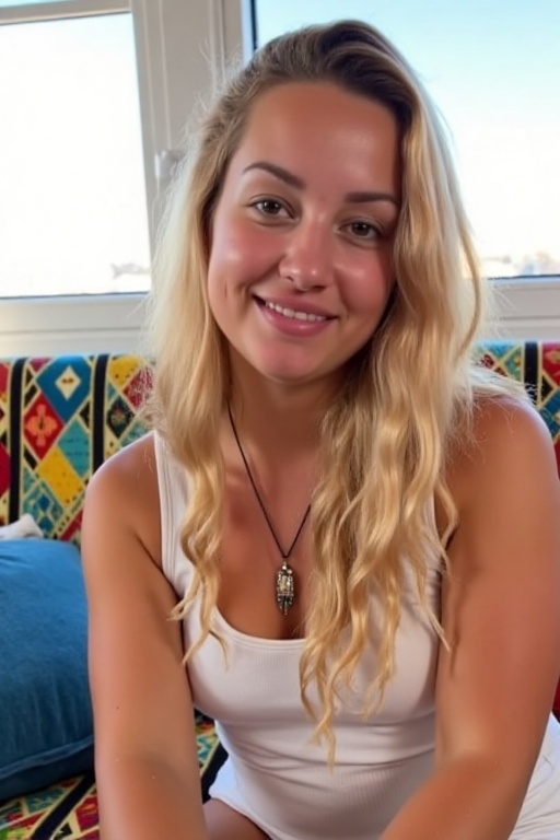 The image shows Emily sitting on a colorful patterned couch with a blue cushion. She has long,  wavy blonde hair and is we...