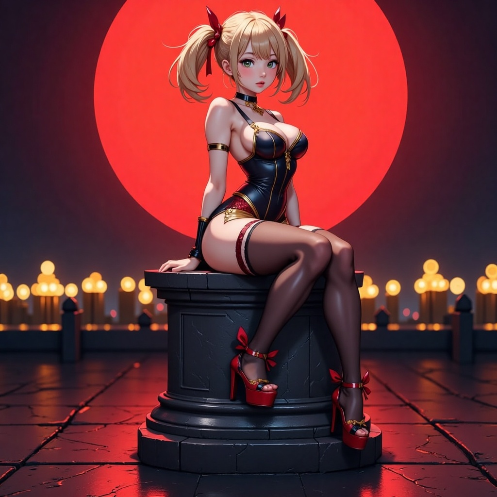 The image depicts a stylized,  anime-style character sitting on a decorative stone pedestal. The character has long blonde...