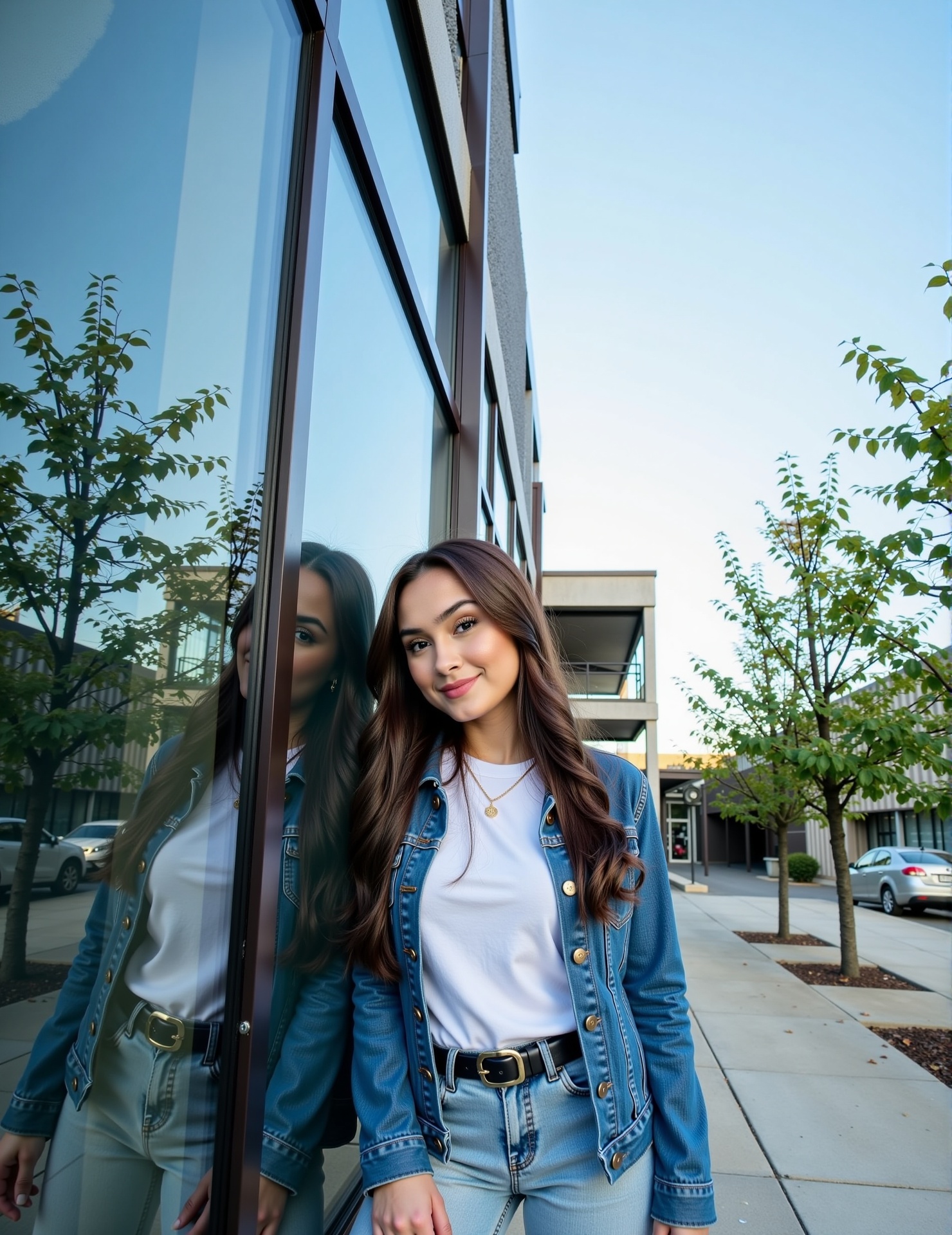 Caitlin stands confidently against the sleek,  glass facade of a Bauhaus-inspired building,  wearing a blue jeans jacket o...