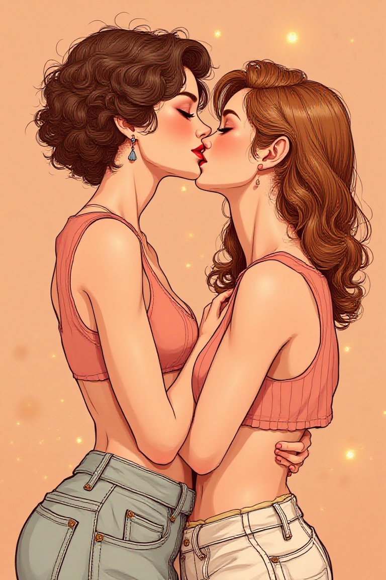 illustration,  two women touching each other,  big boobs on Tensor.Art