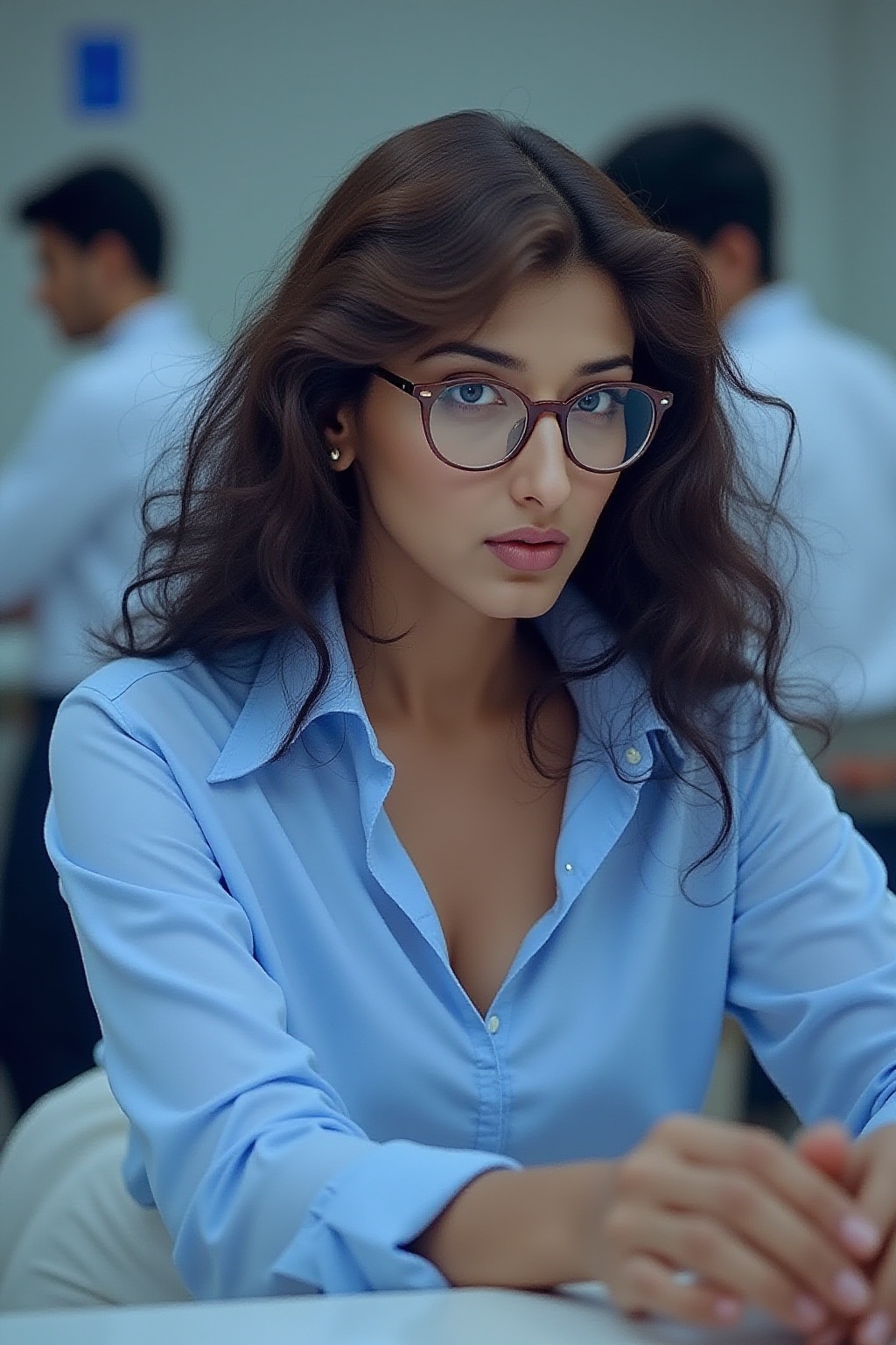 S0n@l1,  A bespectacled,  Sonali Bendre with luscious brown hair and porcelain-white skin sits at a lab workstation on Ten...