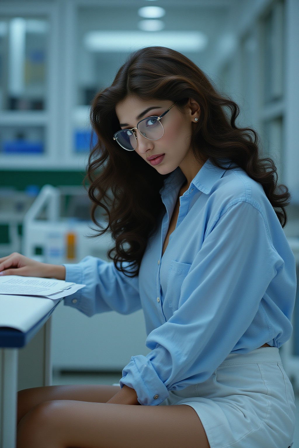 S0n@l1,  A bespectacled,  Sonali Bendre with luscious brown hair and porcelain-white skin sits at a lab workstation on Ten...