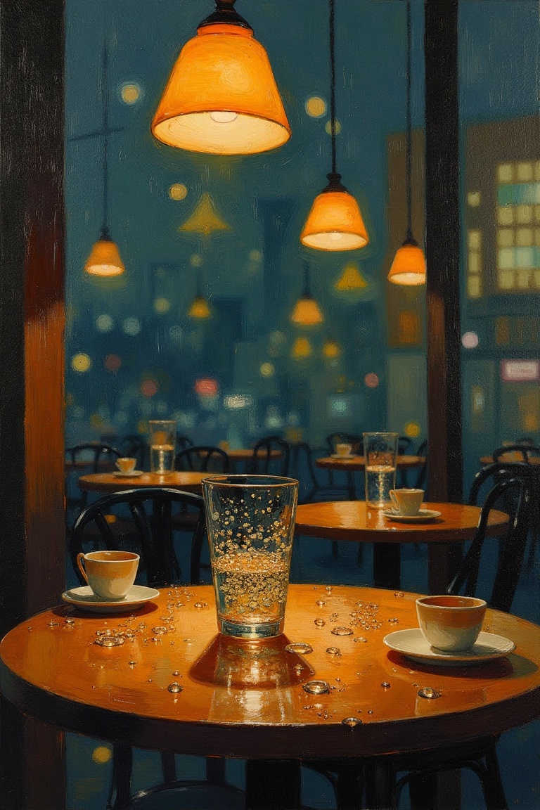 A Miho Hirano-inspired acrylic painting depicting a cozy night cafe scene. Dimly lit with warm amber lights,  the composit...