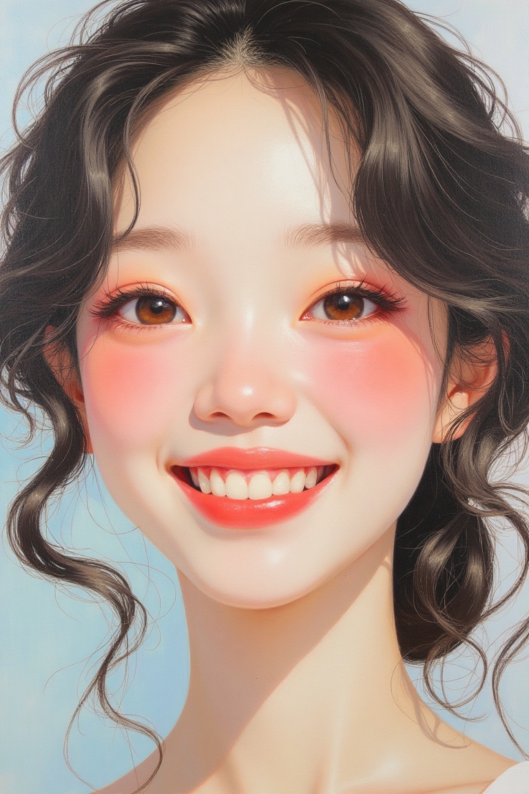 A Miho Hirano-style acrylic portrait of a smiling woman. The composition focuses on her face,  capturing a close-up shot w...