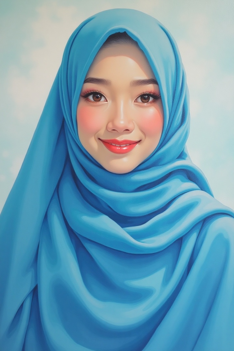A Miho Hirano-style acrylic portrait of a Malay woman wearing a hijab wrapped in soft blue cloth. The composition frames h...