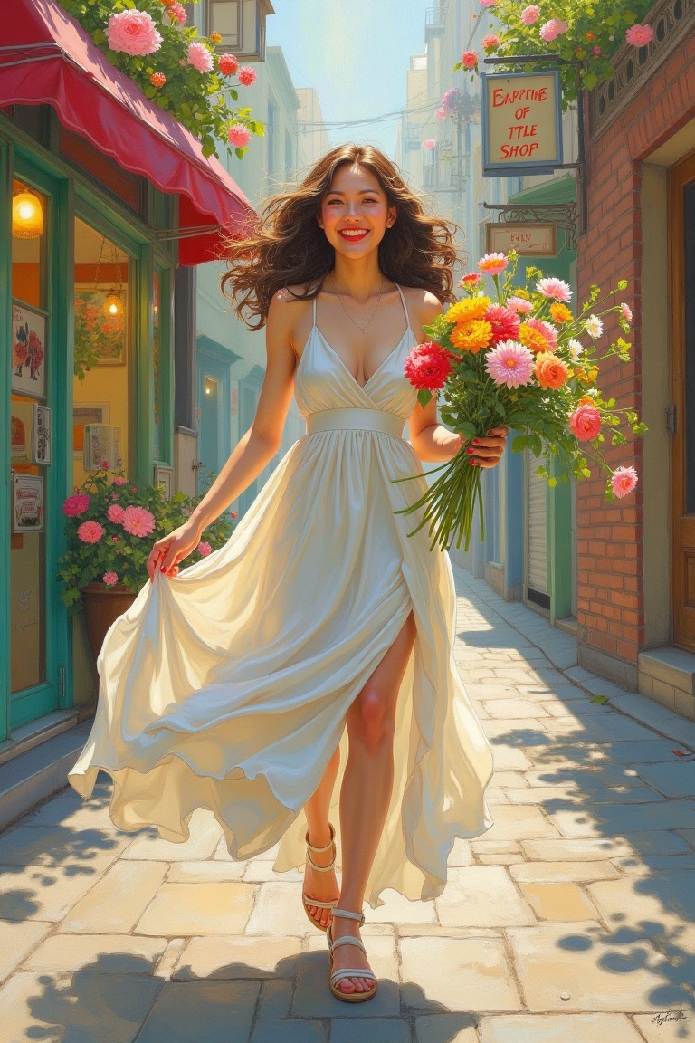 A Miho Hirano-inspired acrylic painting depicting a joyful woman in a flowing dress,  happily walking through an alleyway....