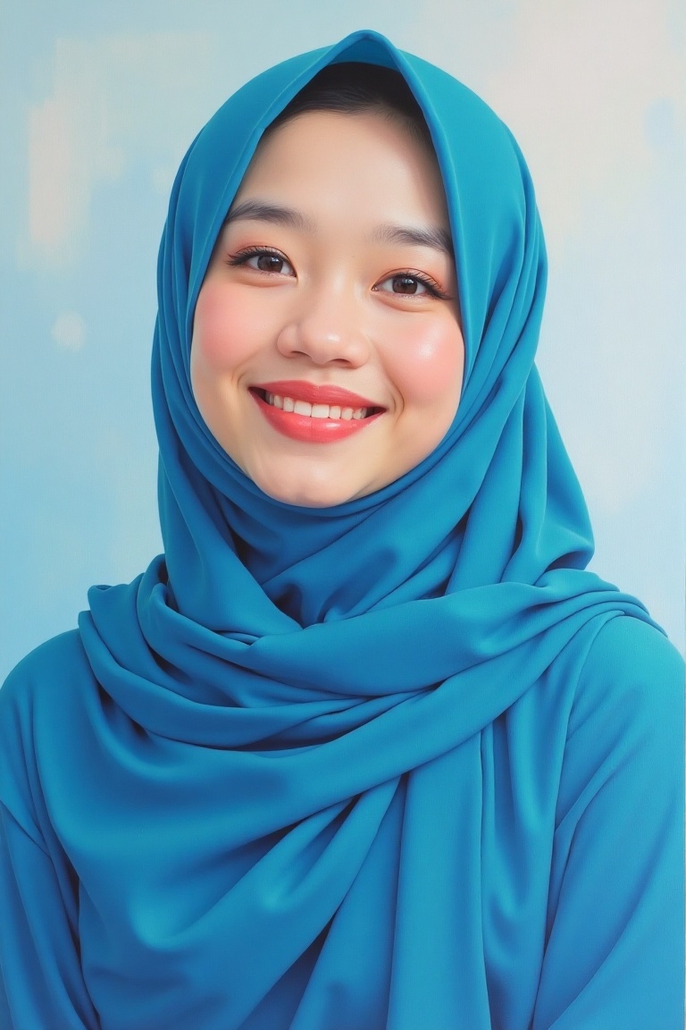 A Miho Hirano-style acrylic portrait of a Malay woman wearing a hijab wrapped in soft blue cloth. The composition frames h...