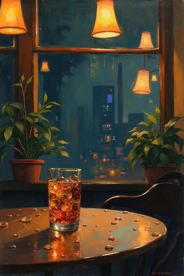 A Miho Hirano-inspired acrylic painting depicting a cozy night cafe scene. Dimly lit with warm amber lights,  the composit...
