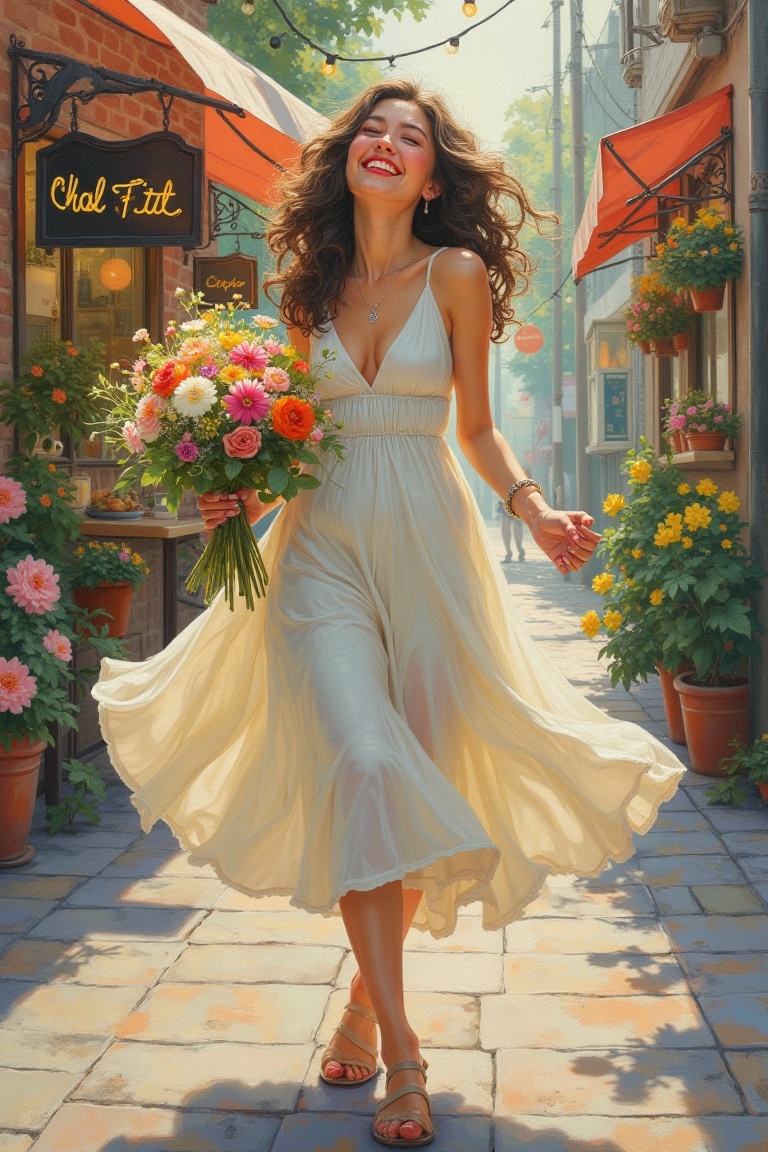 A Miho Hirano-inspired acrylic painting depicting a joyful woman in a flowing dress,  happily walking through an alleyway....