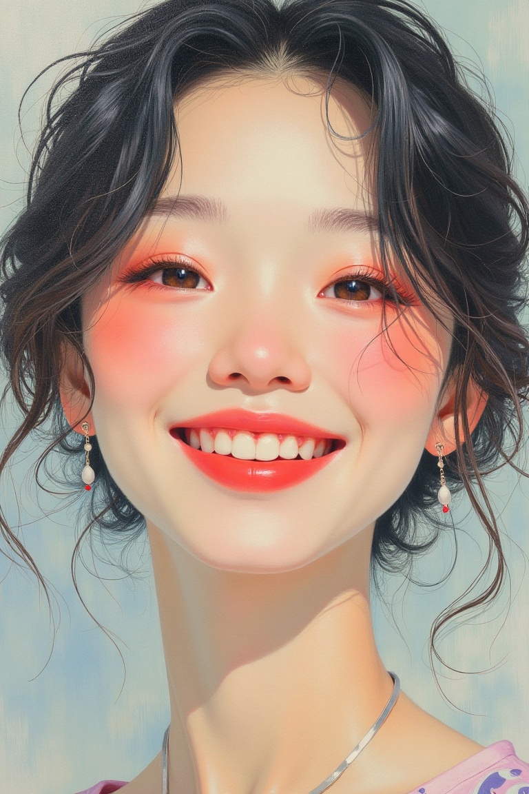 A Miho Hirano-style acrylic portrait of a smiling woman. The composition focuses on her face,  capturing a close-up shot w...