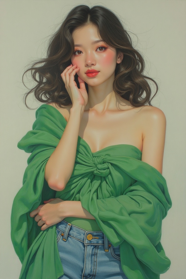 A Miho Hirano-inspired acrylic painting featuring a woman wearing a green cloth draped elegantly over her shoulder and den...