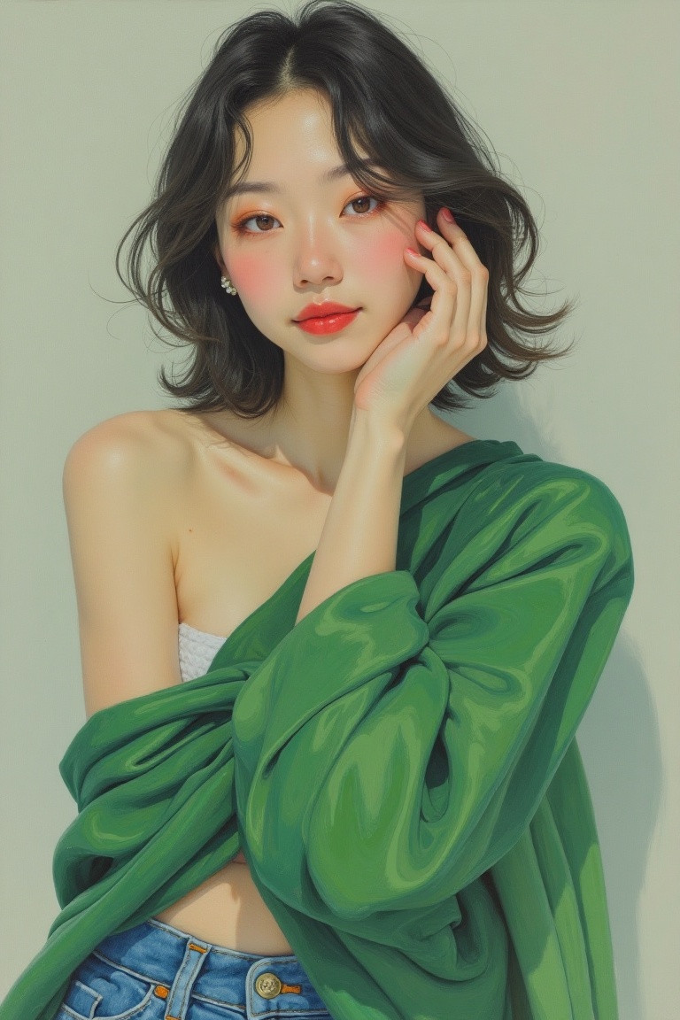 A Miho Hirano-inspired acrylic painting featuring a woman wearing a green cloth draped elegantly over her shoulder and den...