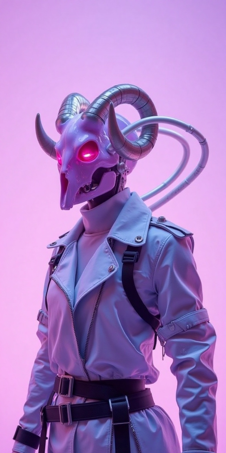 A futuristic cyberpunk warrior with a surreal aesthetic,  wearing a high-tech biomechanical helmet resembling a ram's skul...